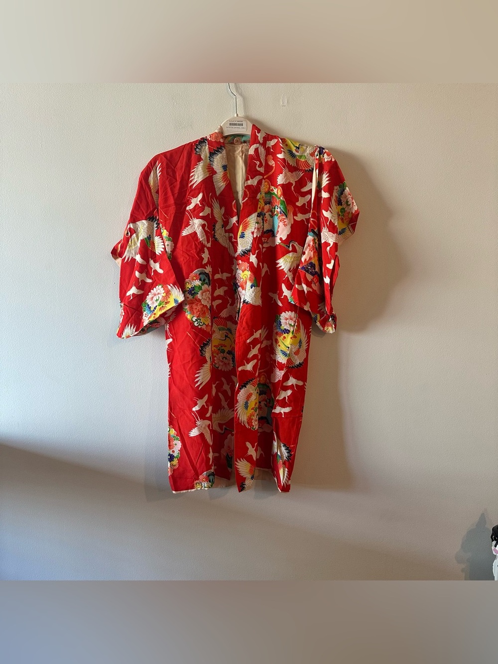 FLAWED READ Vintage 60s 70s Red Floral Crane Japanese Silk Kimono